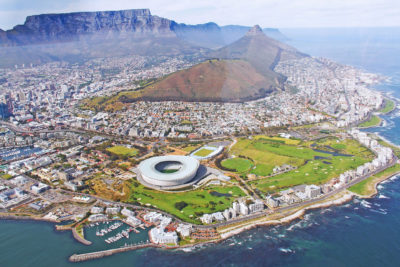 aerial view of cape town with the mountain in the middle