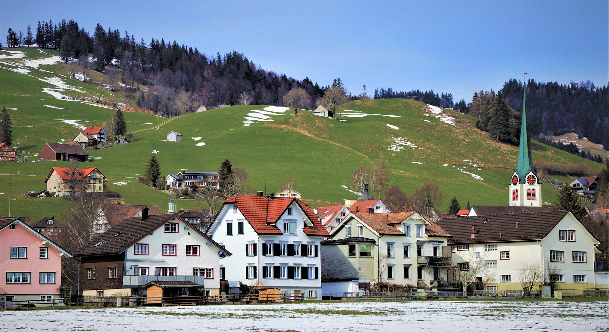 picture of alpine houses in front of a lake in switzerland