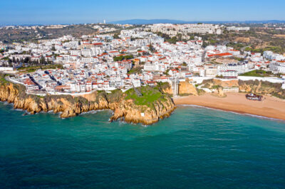 picture overview of albufeira town on the beach