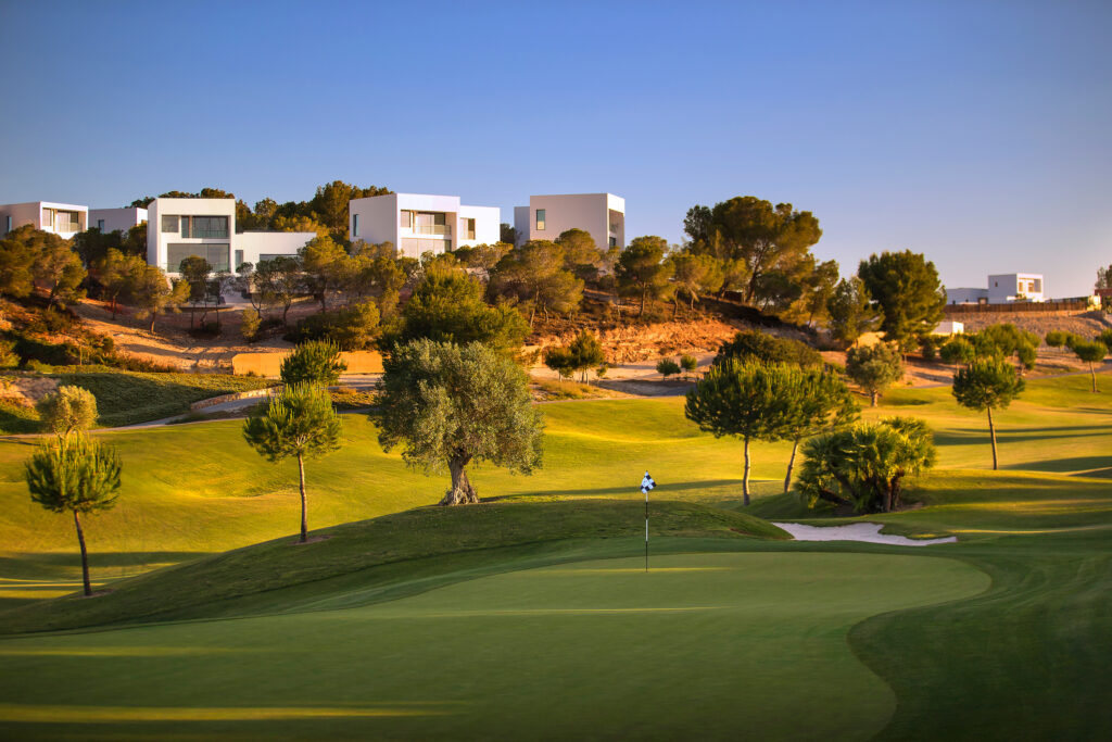 Hole at Alenda Golf Club with black and white flag with buildings in the background