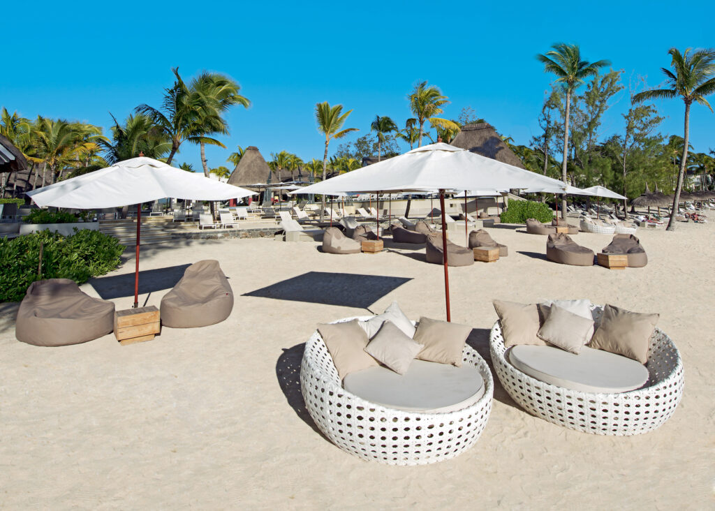 Sun loungers on the beach at Ambre Resort Mauritius