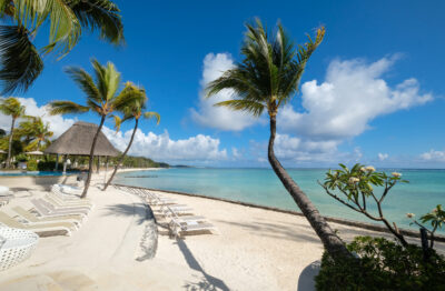 A white sandy beach with palm trees at Ambre Resort in Mauritius