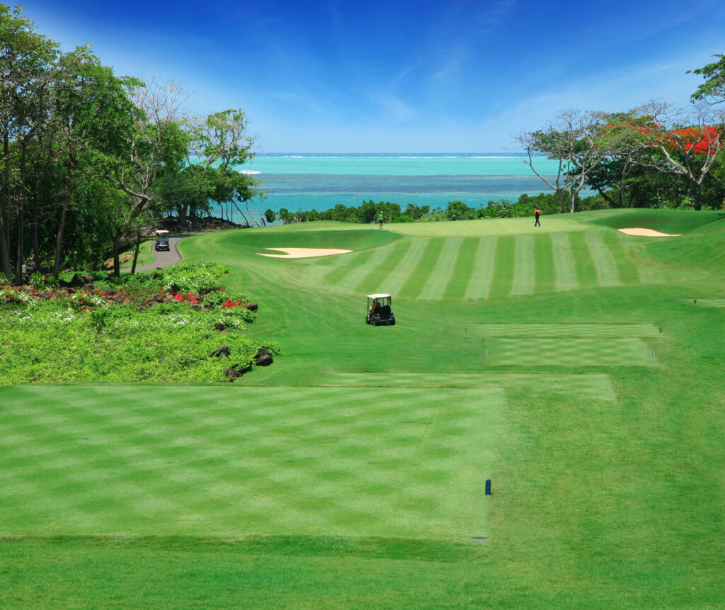 Tee box looking at the fairway with ocean in background at Anahita Golf Course