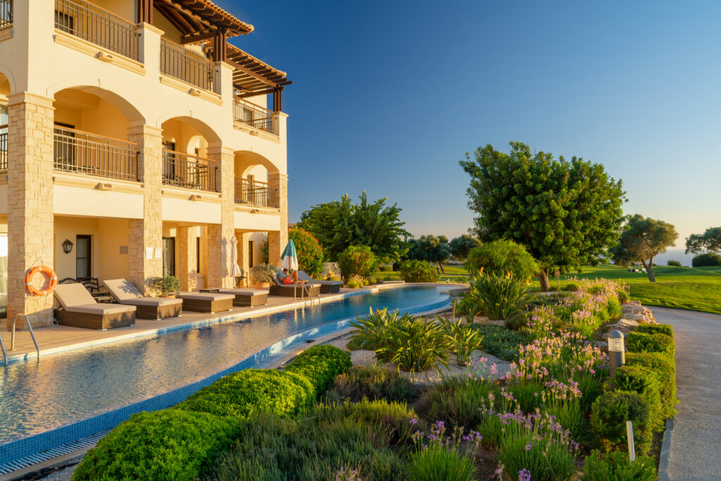 Exterior of Aphrodite Hills Hotel with outdoor pool