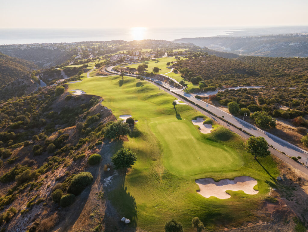 Aerial view of Aphrodite Hills PGA National Cyprus with bunkers on fairway