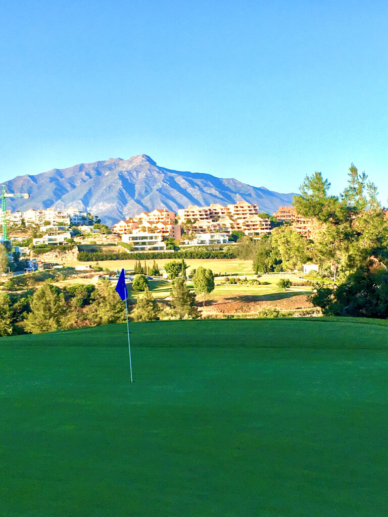 Hole with blue flag and mountain in background at Atalaya - New Golf Course