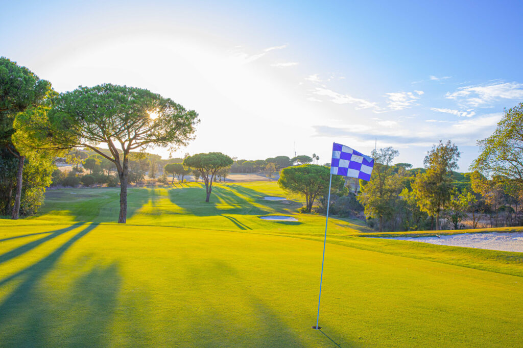 Hole with blue and white flag with trees in background at Bellavista Golf Course