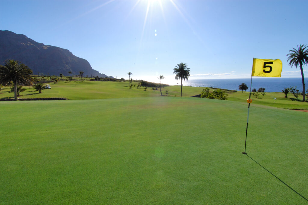 Fifth hole with yellow flag with trees around at Buenavista Golf Course