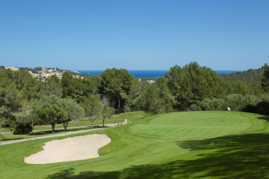 Hole with bunker at Canyamel Golf Course with trees around