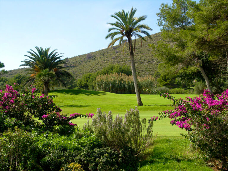 Trees and flowers around the fairway at Capdepera Golf Course