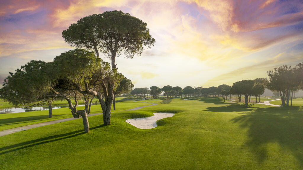 Fairway with bunkers and trees around at Cullinan - Olympos Golf Course at sunset