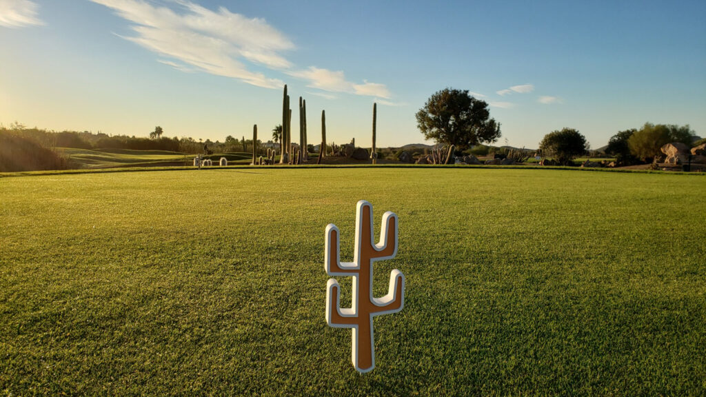 Golf course with desert springs logo decoration which is a cactus at The Desert Springs Indiana Course