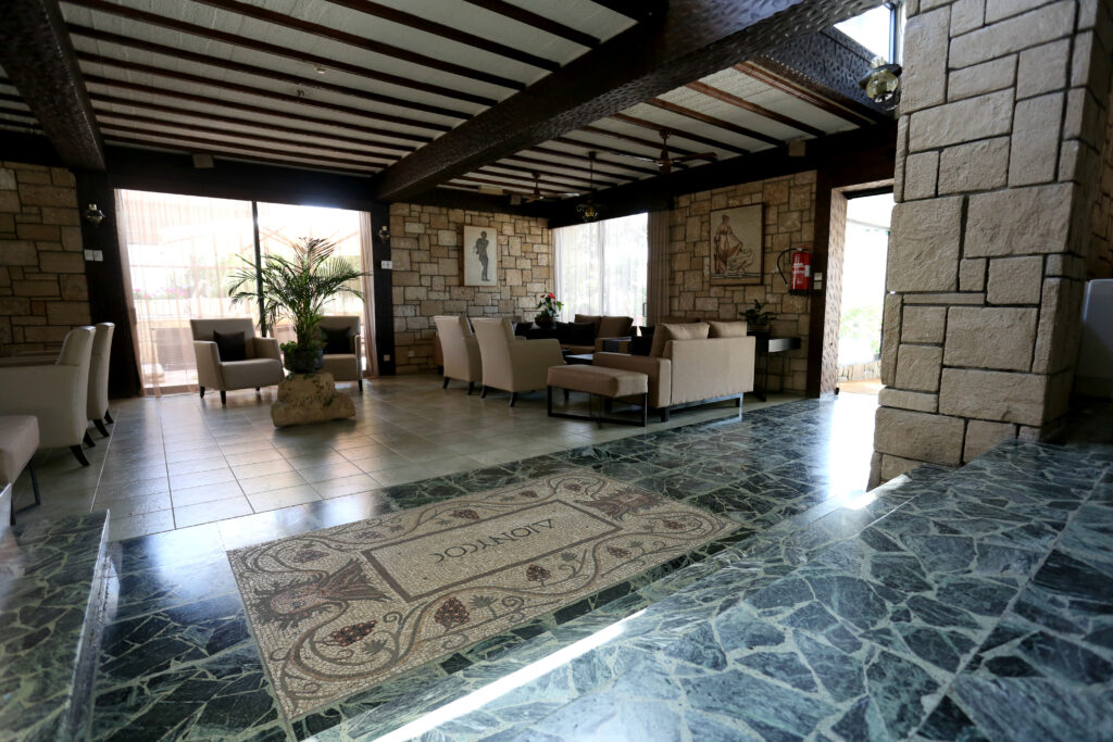 Communal indoor seating area at Dionysos Central