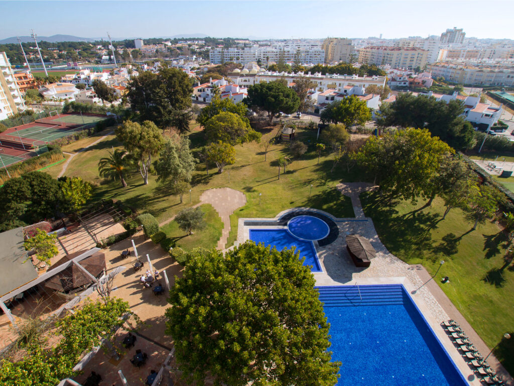Birdseye view of the Dom Pedro Villamoura outdoor pool