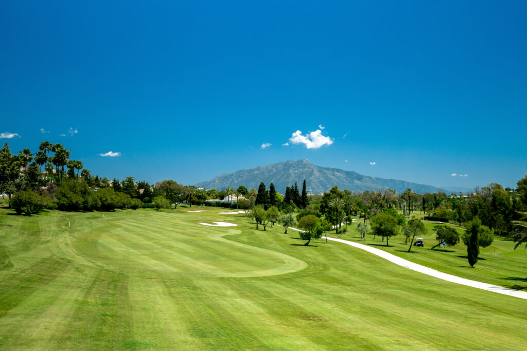 Fairway at El Paraiso Golf Course with trees around and mountain in distance