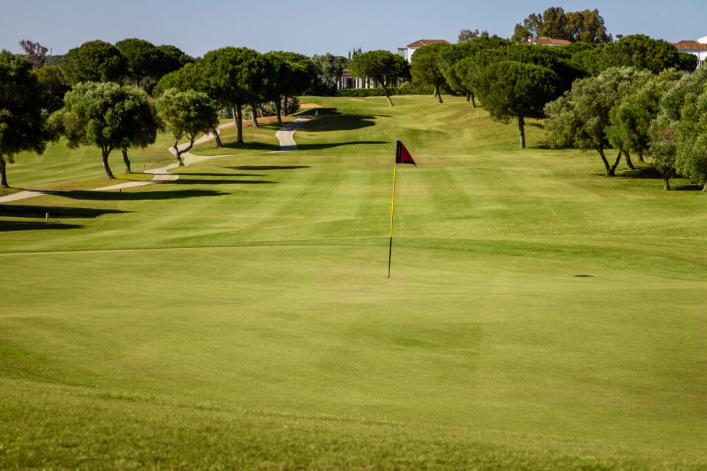 Hole with red flag and trees around at Fairplay Golf Club