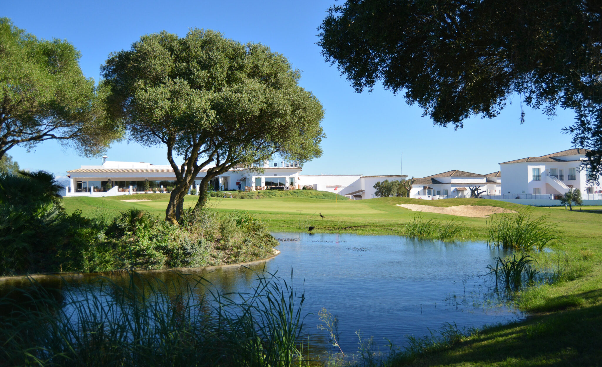 Lake with trees and building in background at Fairplay Golf Club