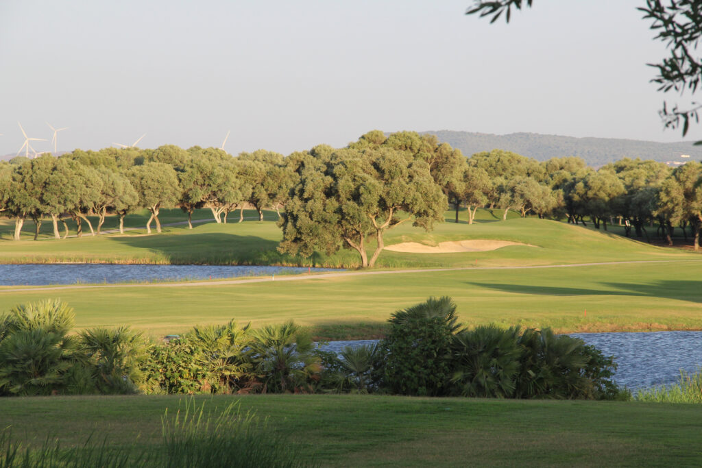 Fairway with trees and bunkers and lakes at Fairplay Golf Club