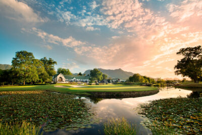 Lake on fairway at Fancourt - Montagu with building in distance