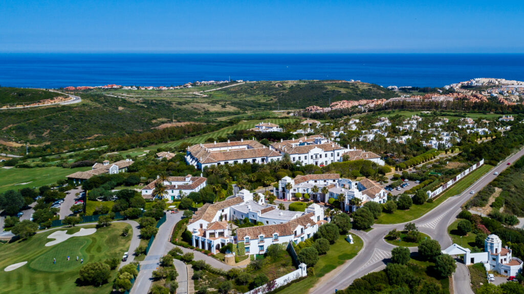 Aerial view of Finca Cortesin Golf Course with buildings