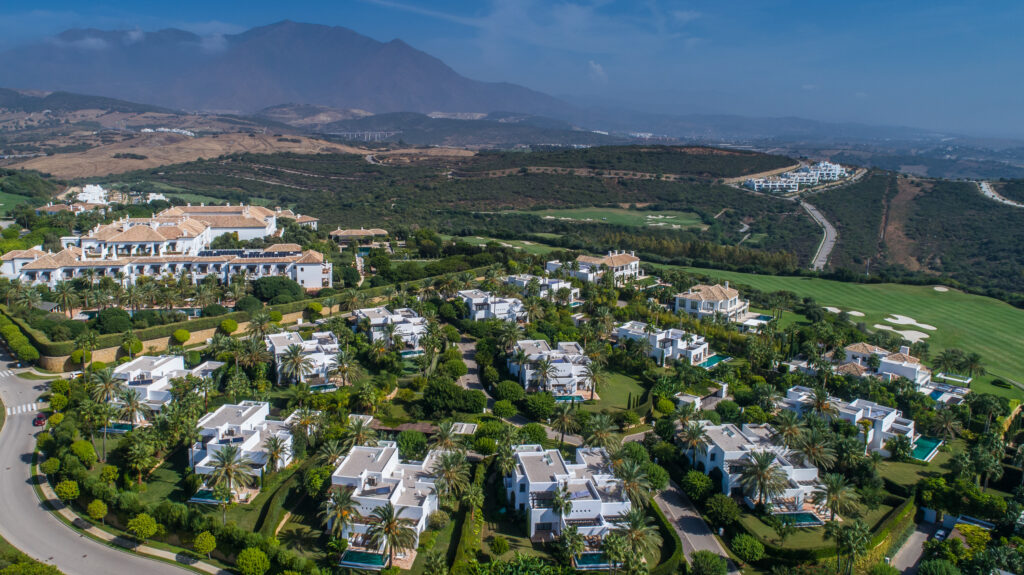 Aerial view of Finca Cortesin Golf Course with buildings