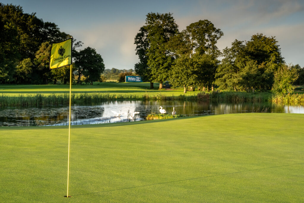 Hole with yellow flag at Galgorm Championship Course with trees around