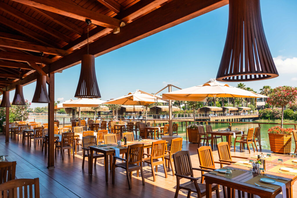 Traces Beach Bar at Gloria Serenity Golf Resort. This beach bar features fantastic seating options overlooking the beautiful Acisu River.