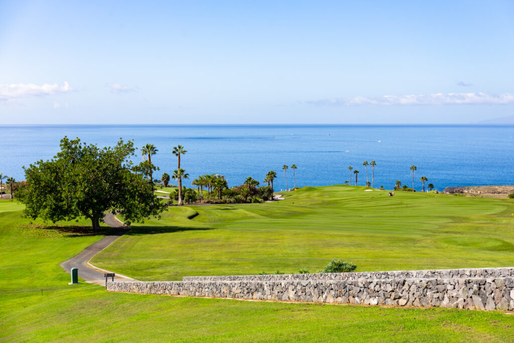 Fairway at Golf Costa Adeje with ocean view and trees around