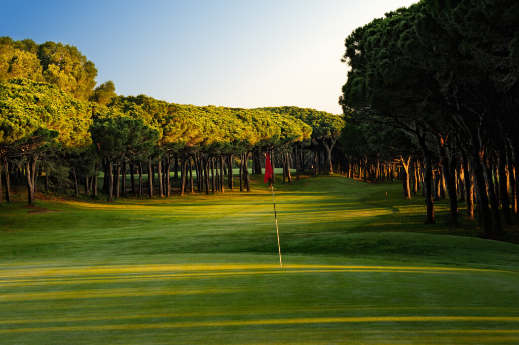 Hole with red flag and trees around at Golf de Pals Course