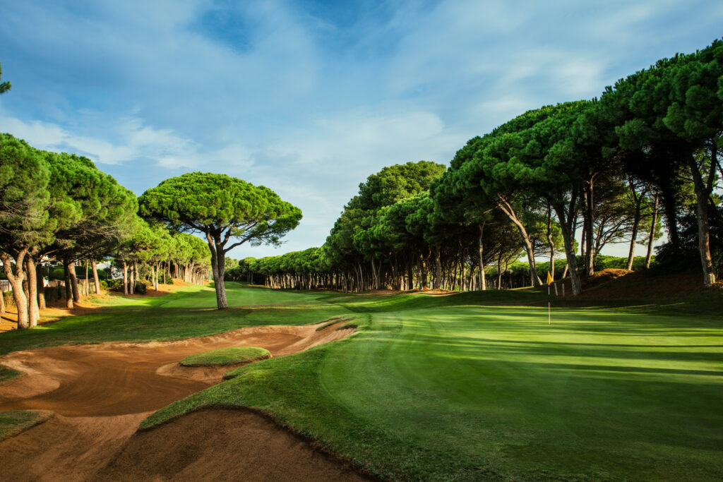 Fairway with bunkers and trees around at Golf de Pals Course