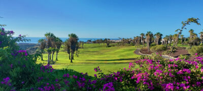 Fairway with trees and flowers around at Golf del Sur