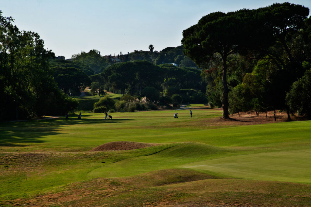 People playing golf on the fairway at Golf do Estoril Golf Course surrounded by trees