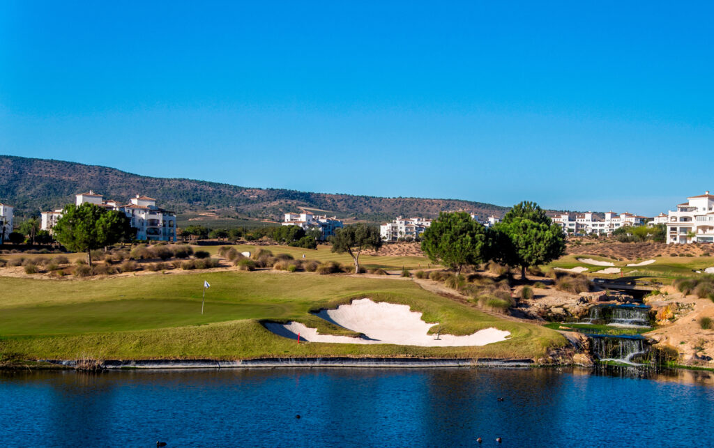 Bunker near lake and hole at Hacienda Riquelme Golf Course