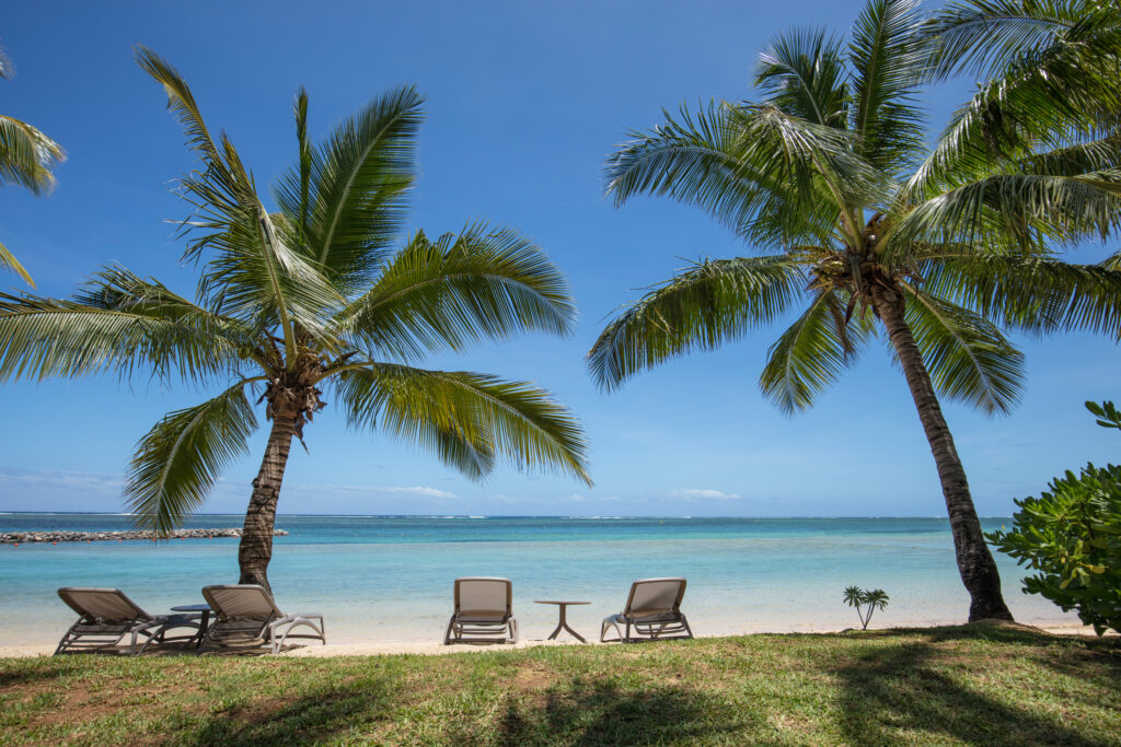 Sun loungers on beach at Heritage Awali Golf and Spa Resort with palm trees