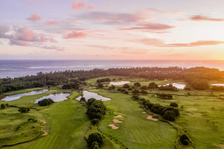 Aerial view of Heritage Golf Club - Le Chateau Course with lakes and trees