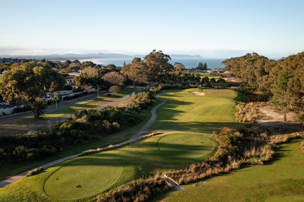 Aerial view of Hermanus Golf Club with trees around