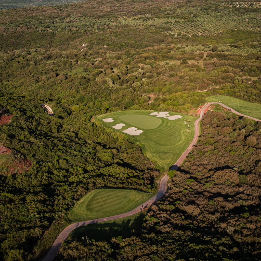 Arial view of the green at Costa Navarino Hills Course