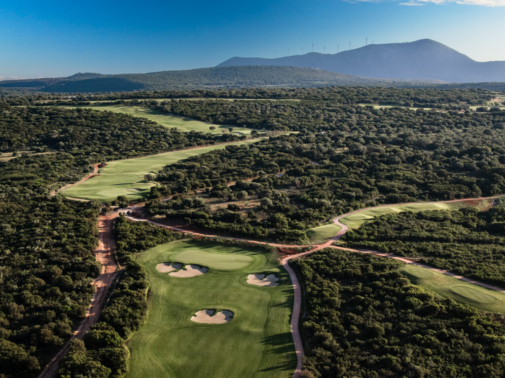 golf course views of the Hills Course at Costa Navarino with mountains