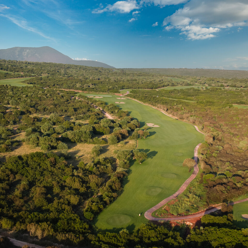 fairway and mountain arial view from the Hills Course at Costa Navarino
