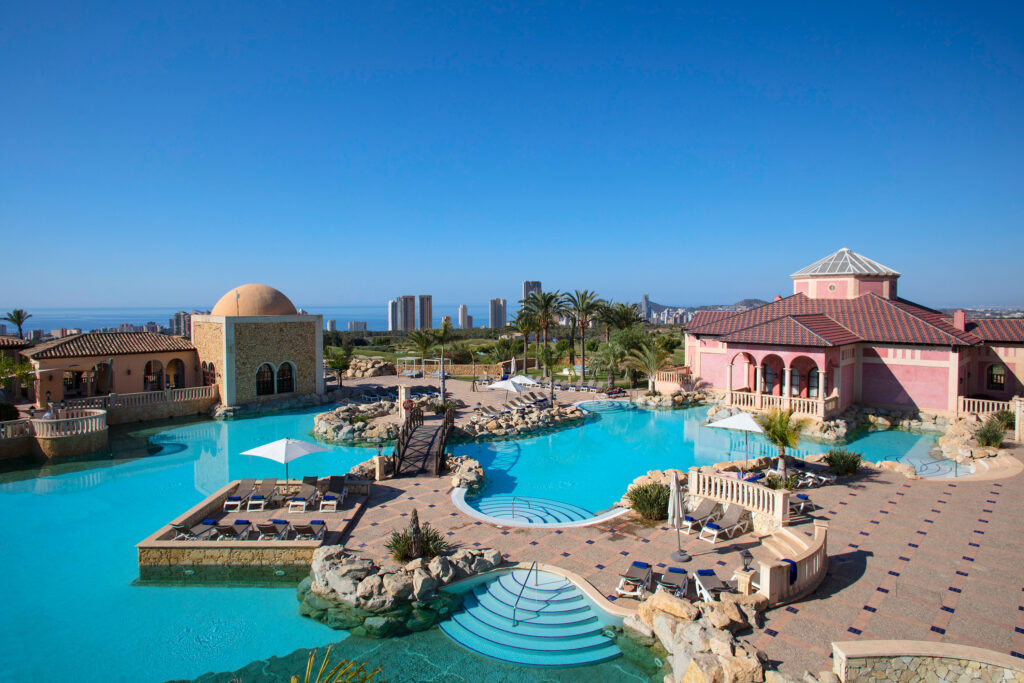 Aerial view of the outdoor pools at Hotel Melia Villaitana