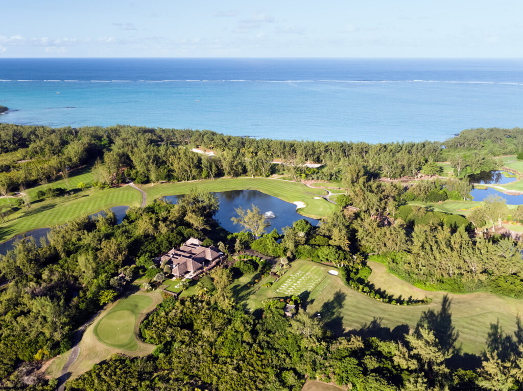 Aerial view of Ile Aux Cerfs Golf Club with ocean in background