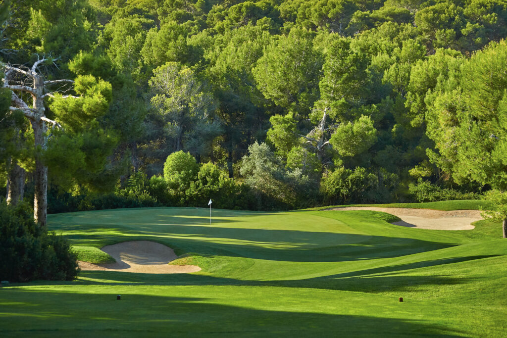 Bunker on fairway with trees around and hole in distance at Infinitum Hills Course