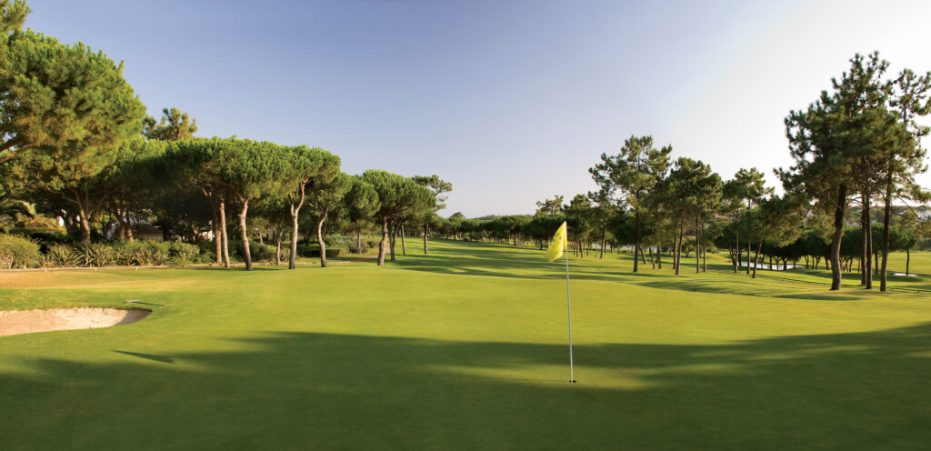 Hole with yellow flag with trees around at Pinheiros Altos Golf Course