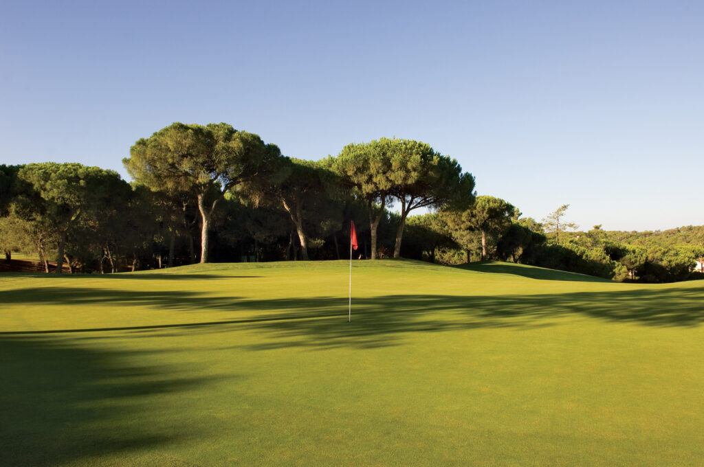 Hole with red flag and trees in background at Pinheiros Altos Golf Course