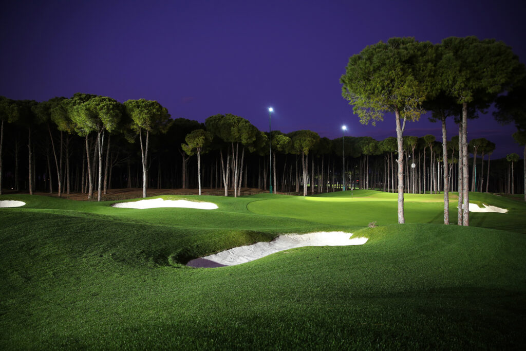 Bunkers on fairway with trees around at Carya Golf Course at night