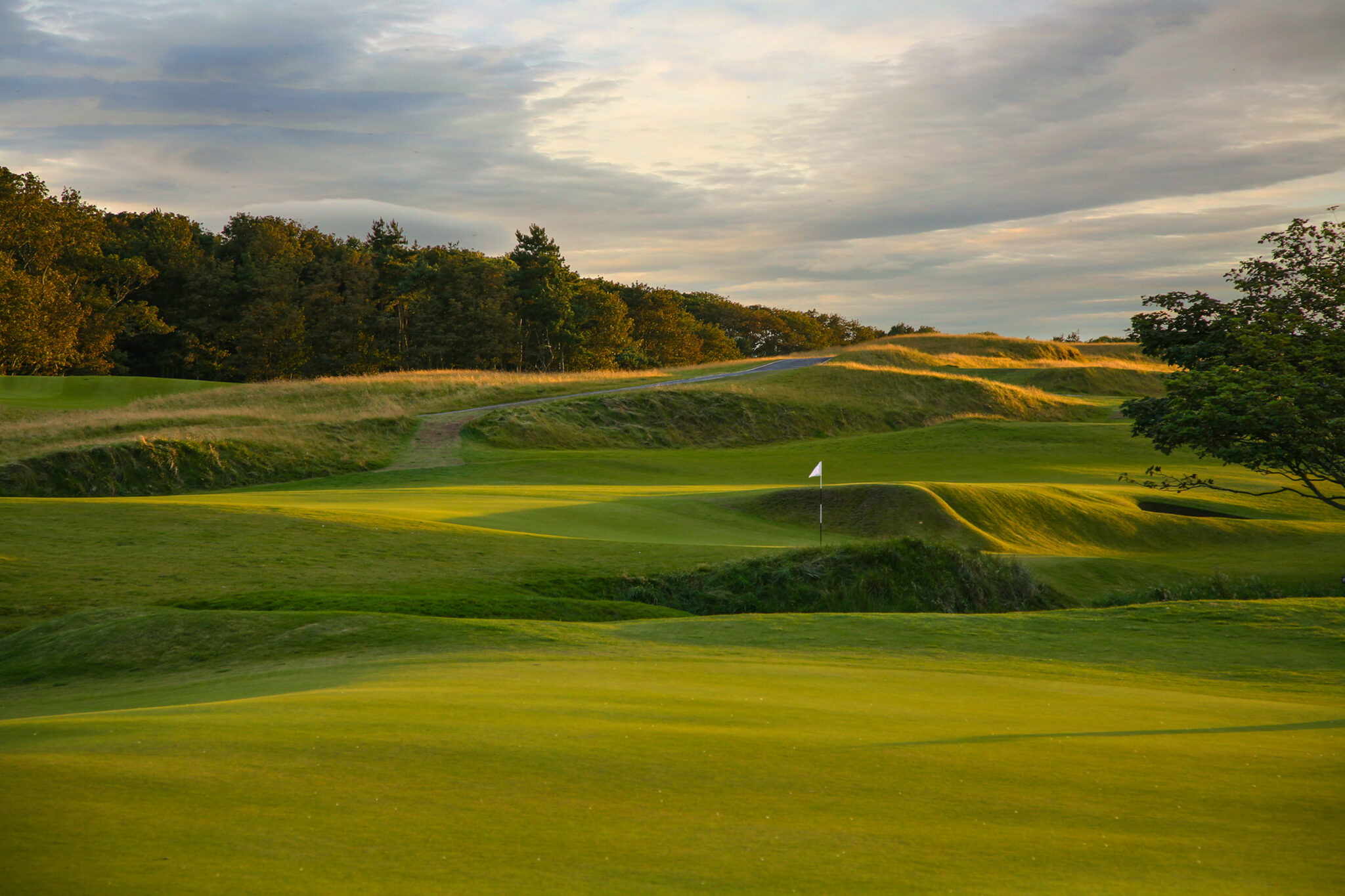 Fairway leading to hole with white flag at Kingsbarns Golf Links with trees around