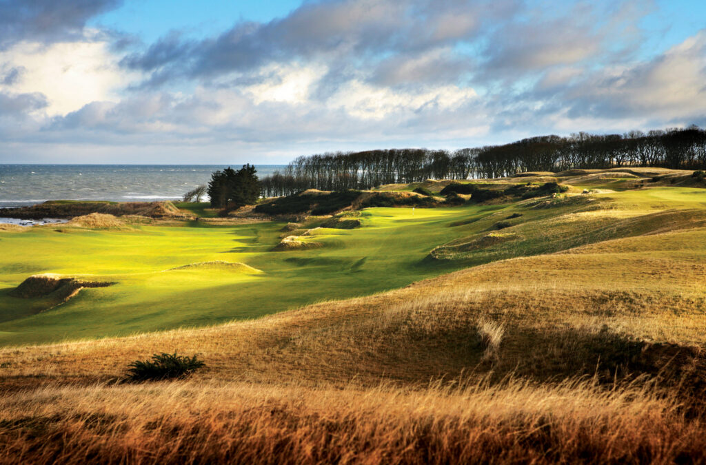 Fairway at Kingsbarns Golf Links with trees and ocean in distance