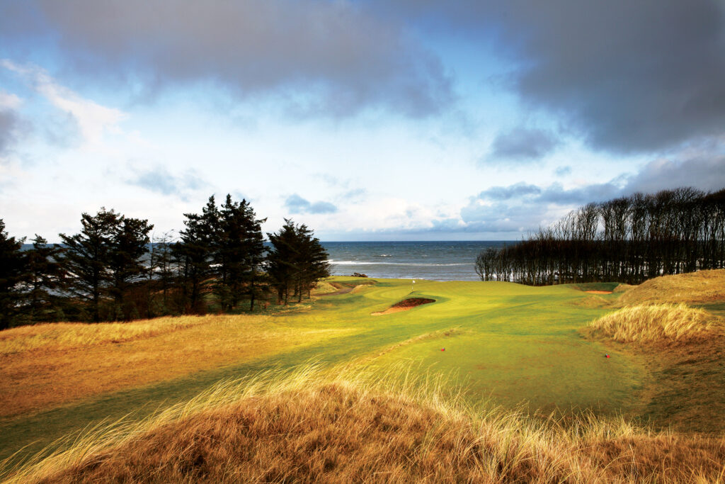 Fairway with trees around at Kingsbarns Golf Links with ocean in distance