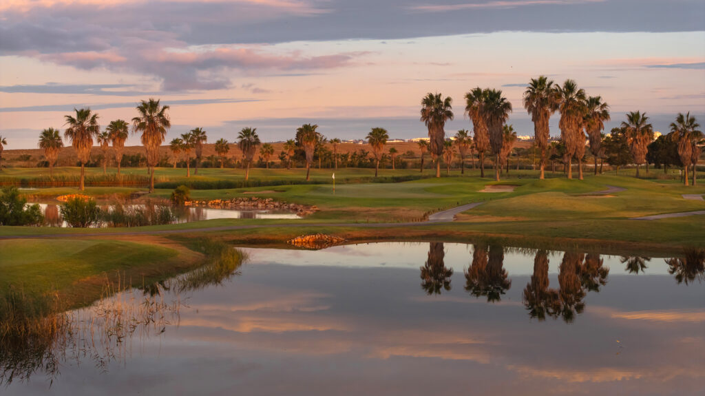 Water hazard with fairway in background and palm trees at Salgados Golf Course