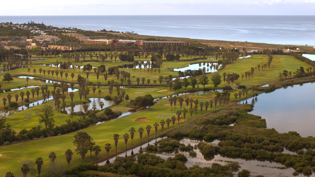 Aerial view of Salgado Golf Course with beach in the background